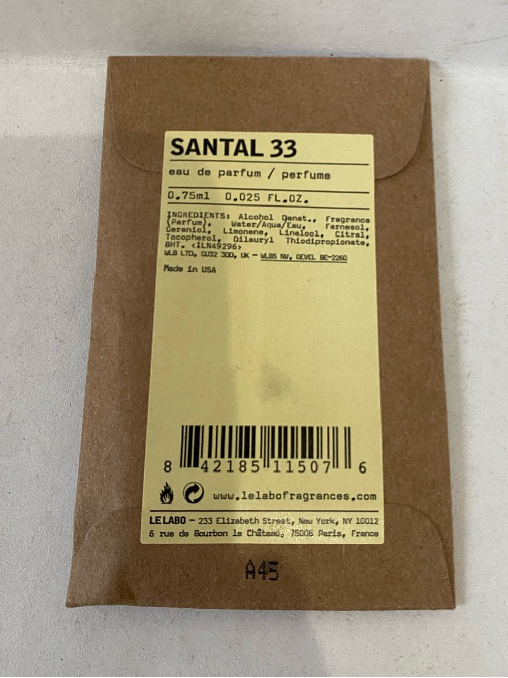 Le Labo Santal 33 Eau de Parfum Sample Size .025 fl oz